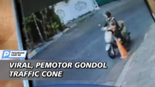 Viral, Pemotor Gondol Traffic Cone di Bugul Terekam CCTV